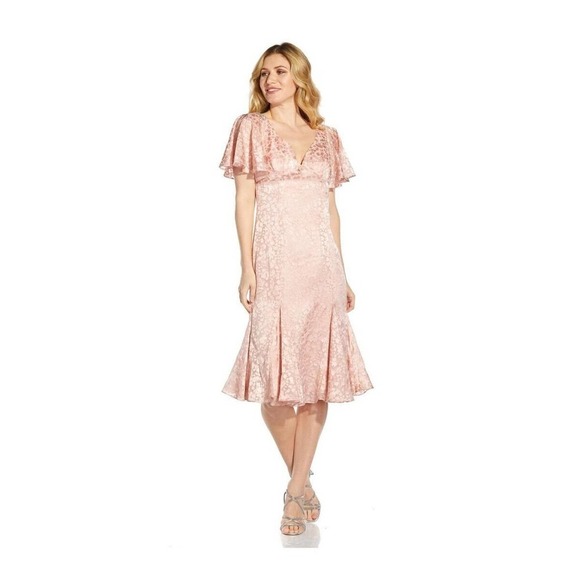 Adrianna Papell Women's blush pink Satin Burnout flutter sleeves midi Dress 10 - Picture 1 of 16